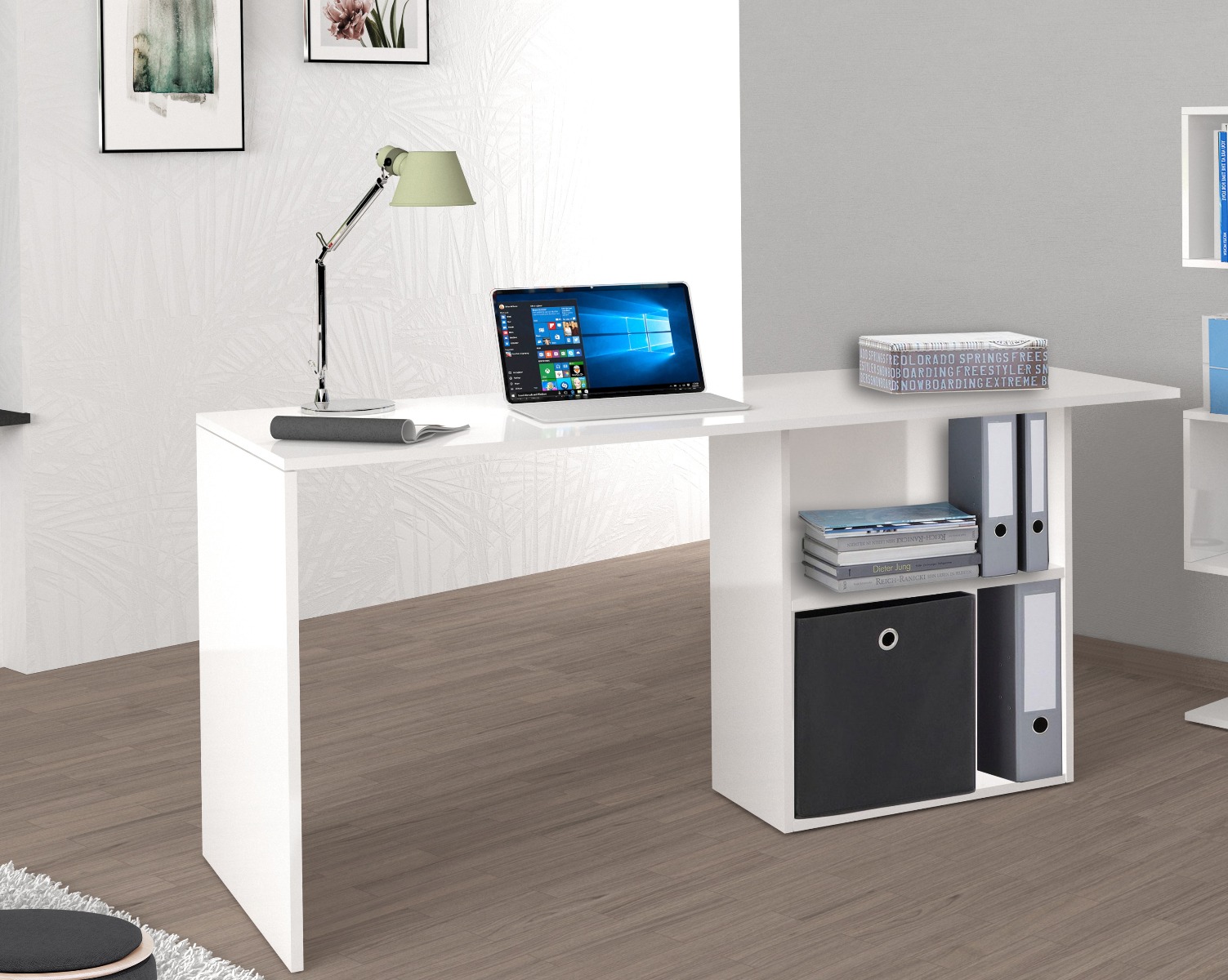 Scrivania bianco lucido, con vani contenitore, made in Italy