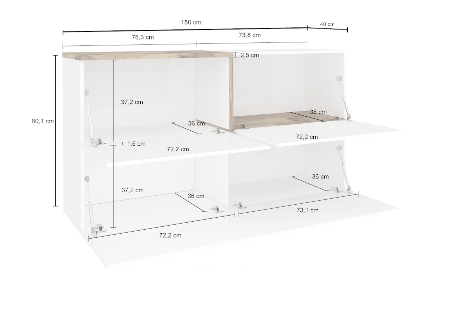 Madia moderna con 4 ante ribalta, finitura bianco lucido e pero, made in Italy
