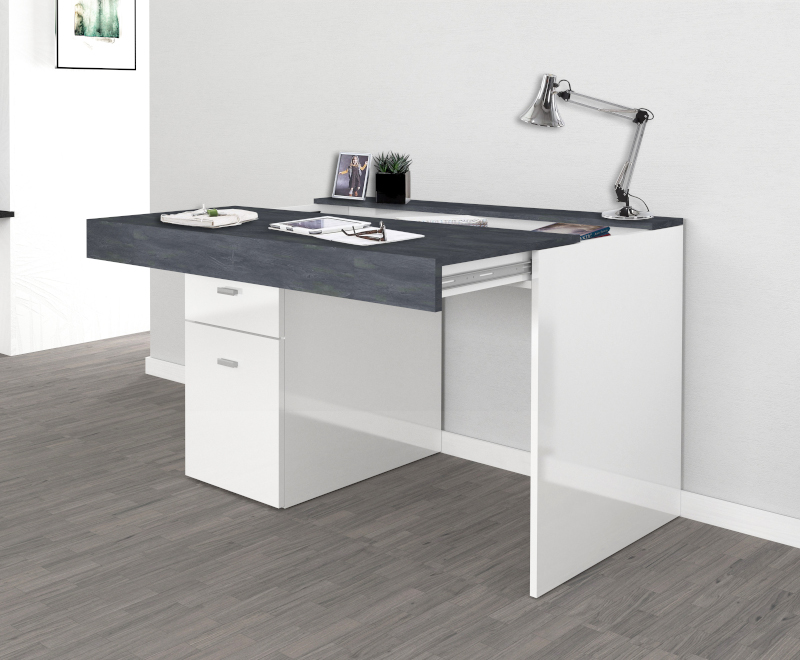 Scrivania 1 anta e 1 cassetto bianco lucido e ardesia, made in Italy