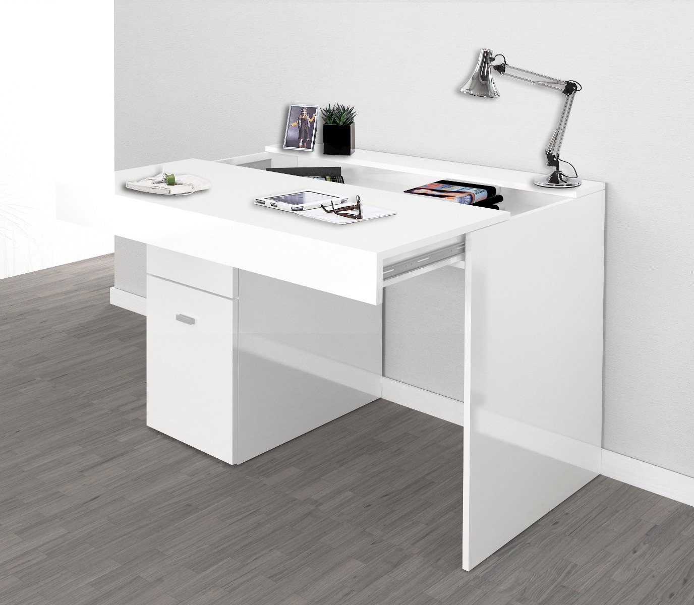 Scrivania 1 anta e 1 cassetto bianco larice, made in Italy