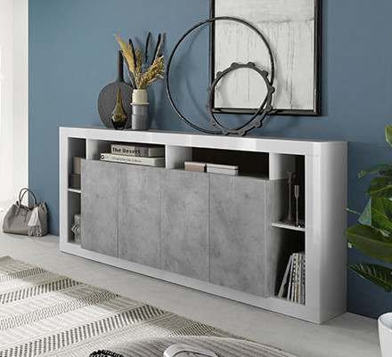 Madia moderna di design a 4 ante, finitura Bianco lucido e cemento