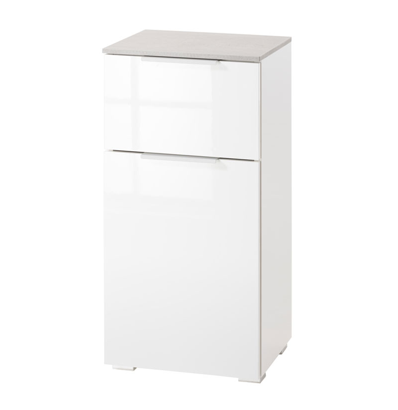 Bagno moderno completo, finitura Bianco Laccato e top Grigio Cemento