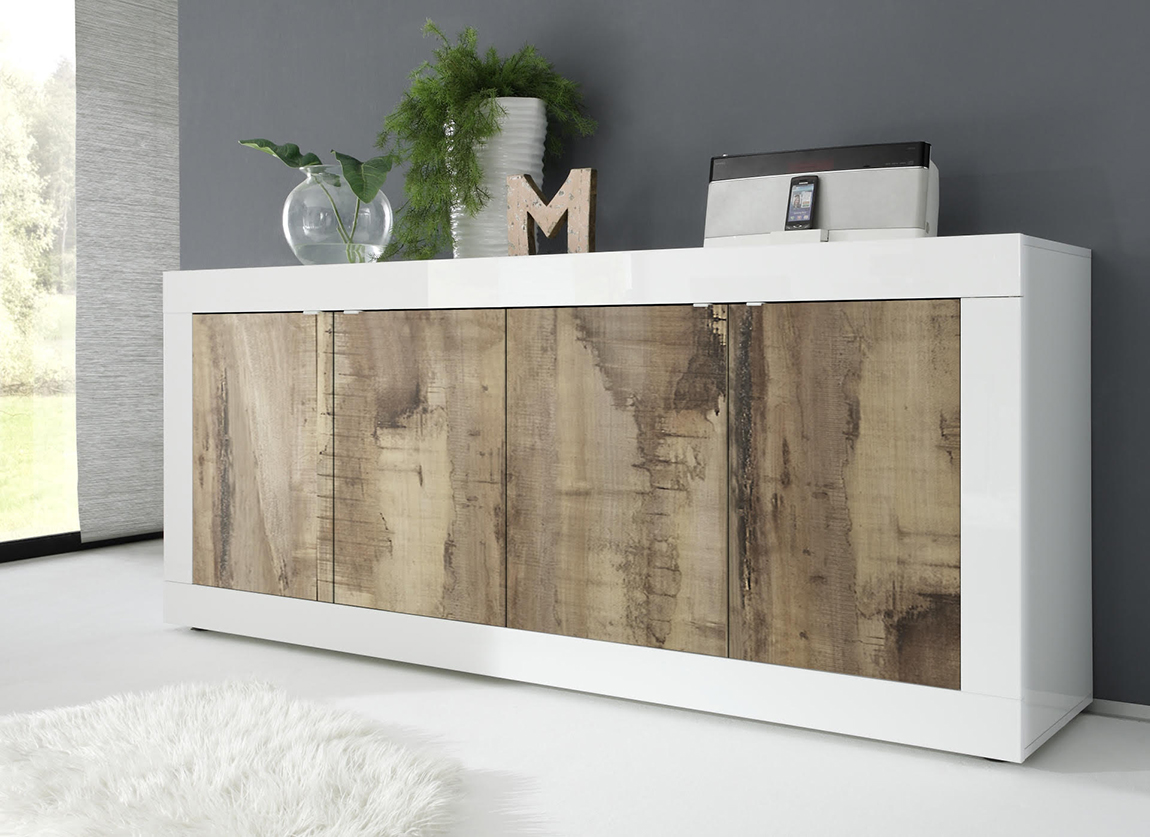 Credenza Moderna, Madia Bianca Lucida con 4 ante in finitura Pero