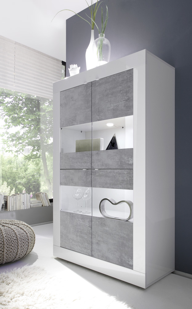 Vetrina doppia colonna "Beta" Bianca Lucida con 4 ante Cemento