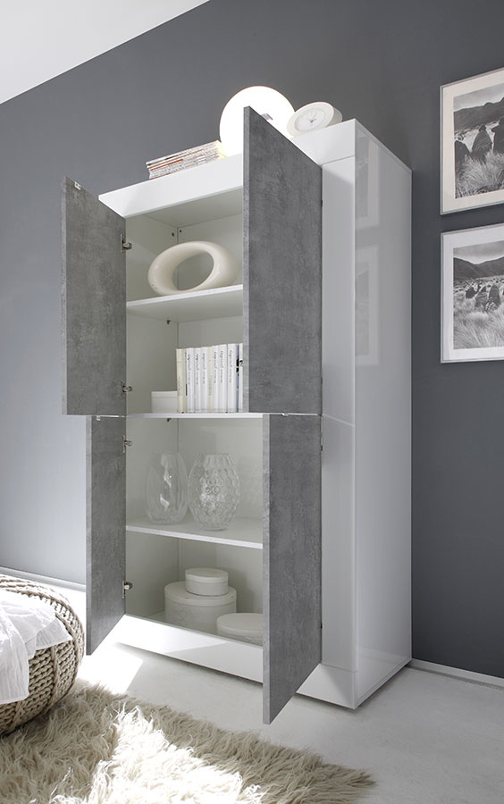 Credenza Moderna, Madia di Design, 4 ante Alta, Bianco Lucido e Cemento