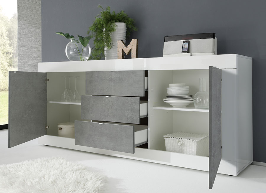 Credenza Moderna, Madia di Design, 2 ante e 3 cassetti, Bianco e Cemento