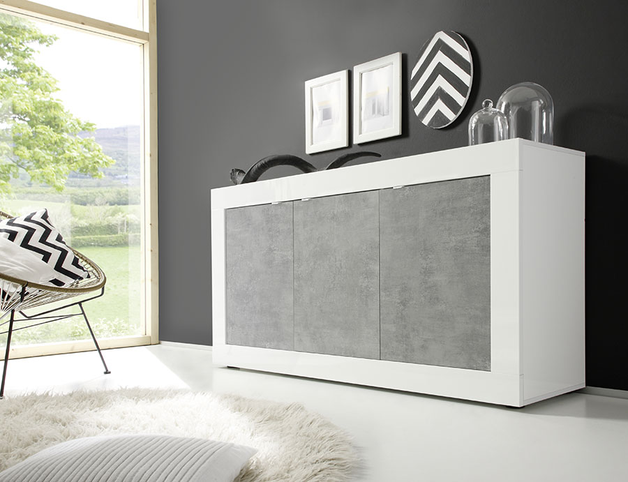 Credenza Moderna, Madia Bianca Lucida con 3 ante in finitura Cemento