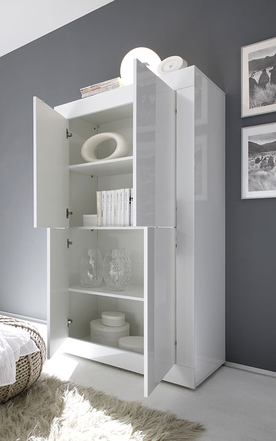Credenza Moderna, Madia di Design, 4 ante Alta, finitura Bianco Lucido