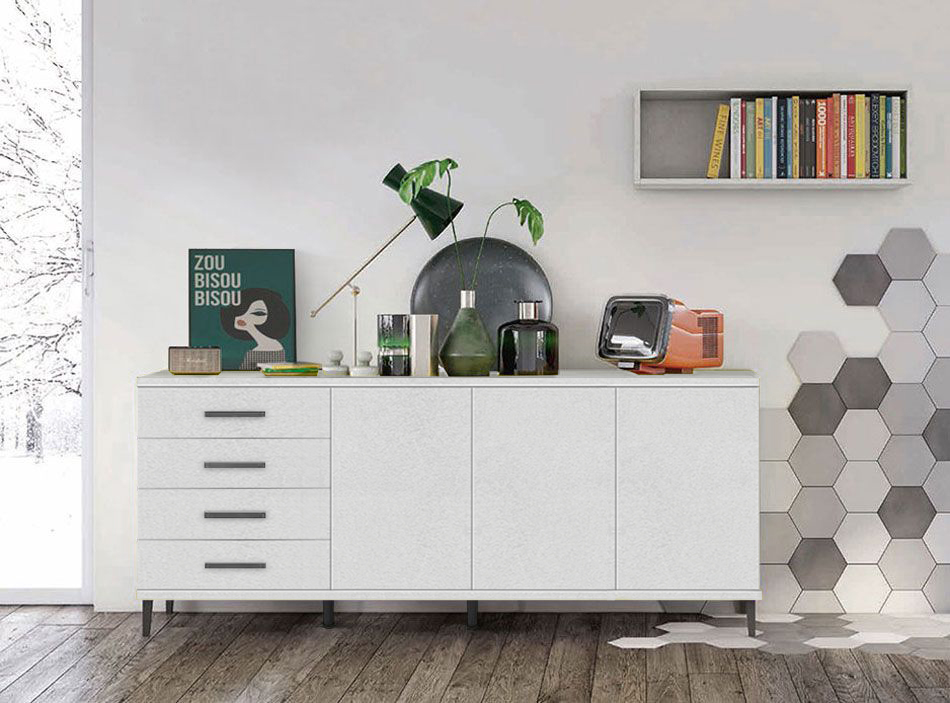 Madia moderna 3 ante 4 cassetti con piedini in titanio, finitura Cemento Artico