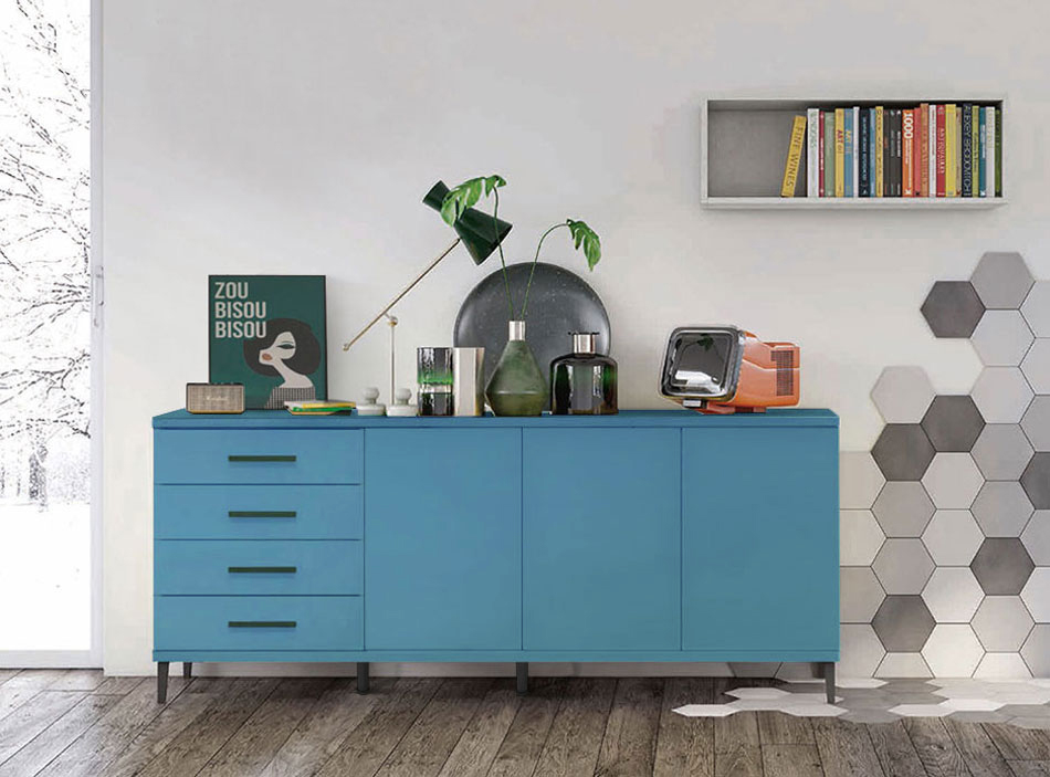 Madia moderna 3 ante 4 cassetti con piedini in titanio, finitura Rovere gesso