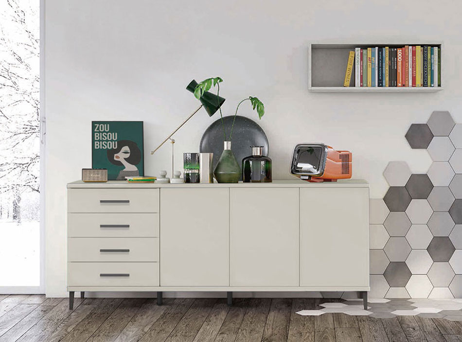 Madia moderna 3 ante 4 cassetti con piedini in titanio, finitura Grigio dorian