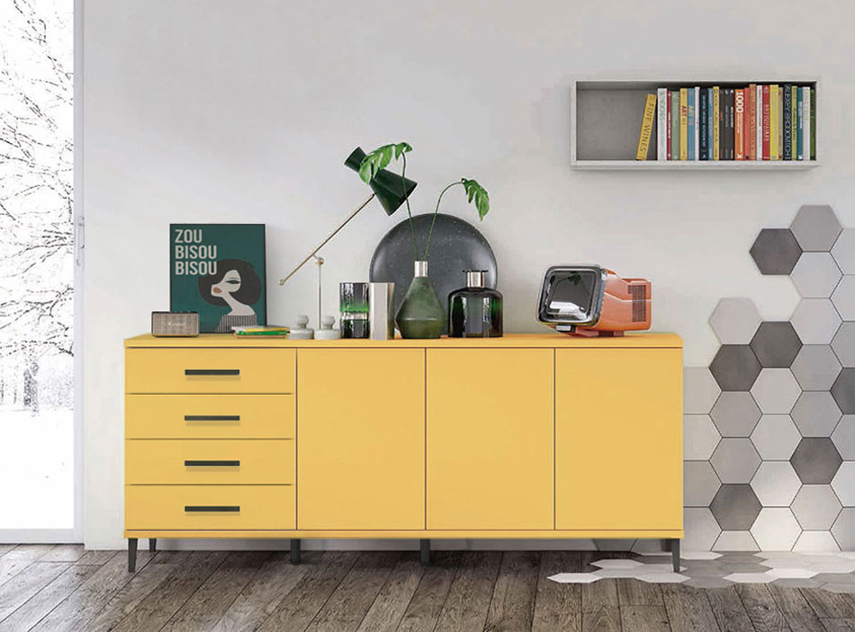 Madia moderna 3 ante 4 cassetti con piedini in titanio, finitura Miele