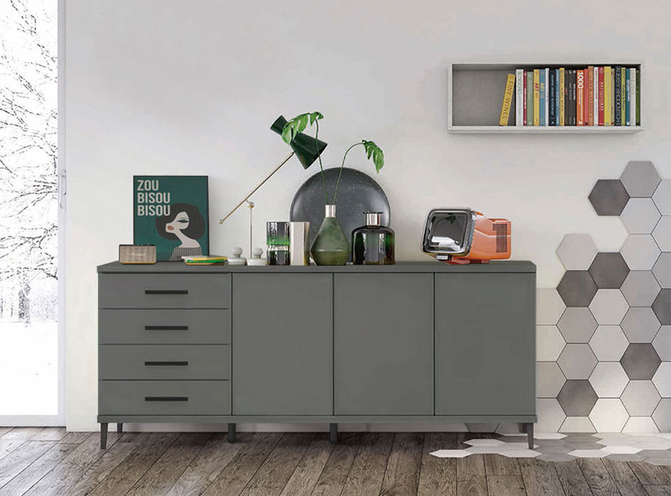 Madia moderna 3 ante 4 cassetti con piedini e scocca Grigio titanio