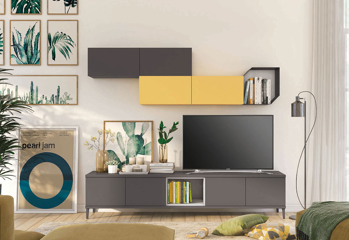 Parete attrezzata per la zona living, Grigia titanio con pensile Miele