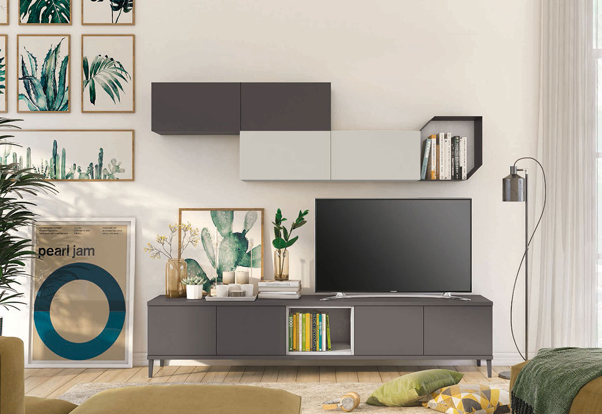 Parete attrezzata per la zona living, Grigia titanio con pensile Grigio dorian