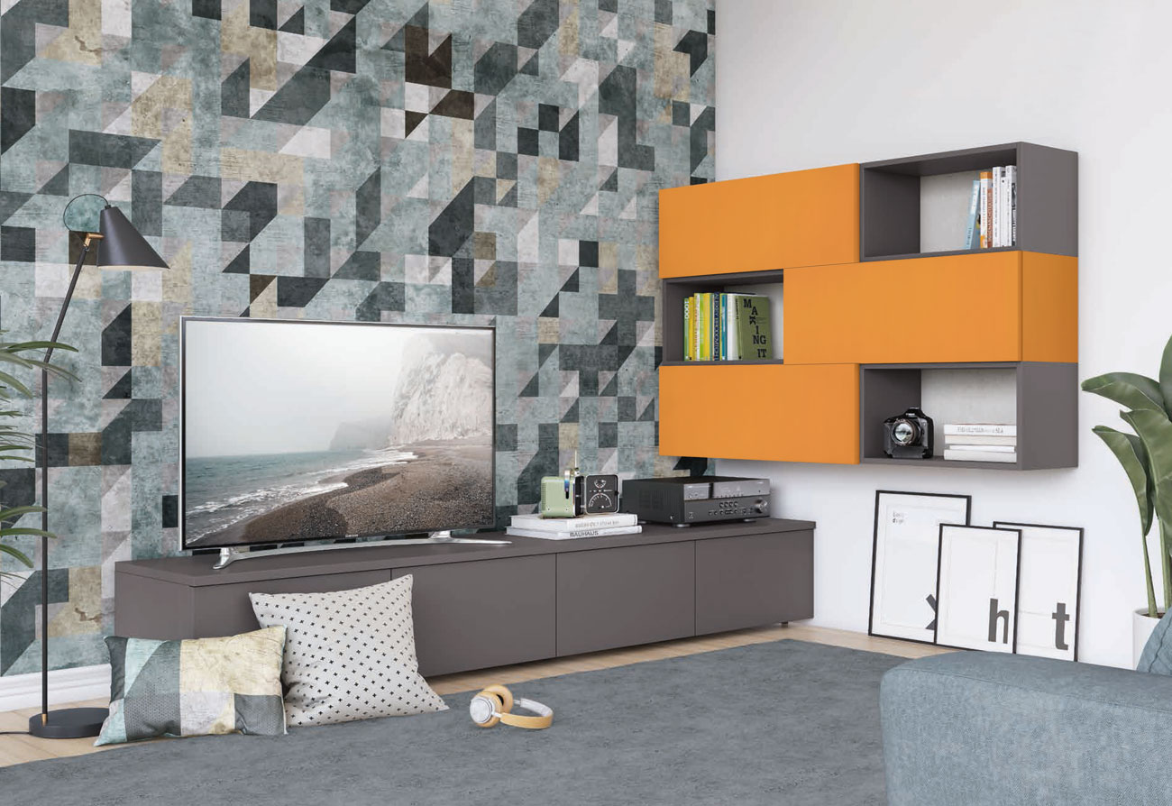 Parete attrezzata ad angolo con base TV e pensili con vani a giorno, titanio e papaya