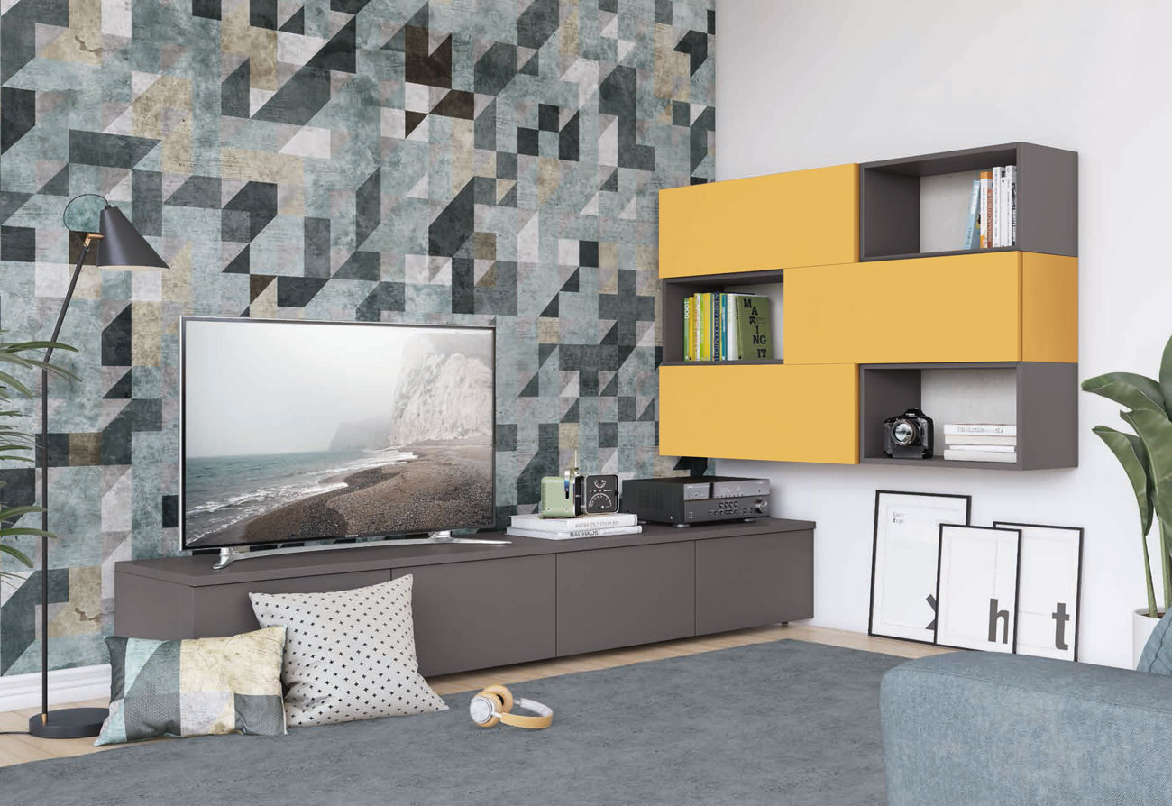 Parete attrezzata ad angolo con base TV e pensili con vani a giorno, miele