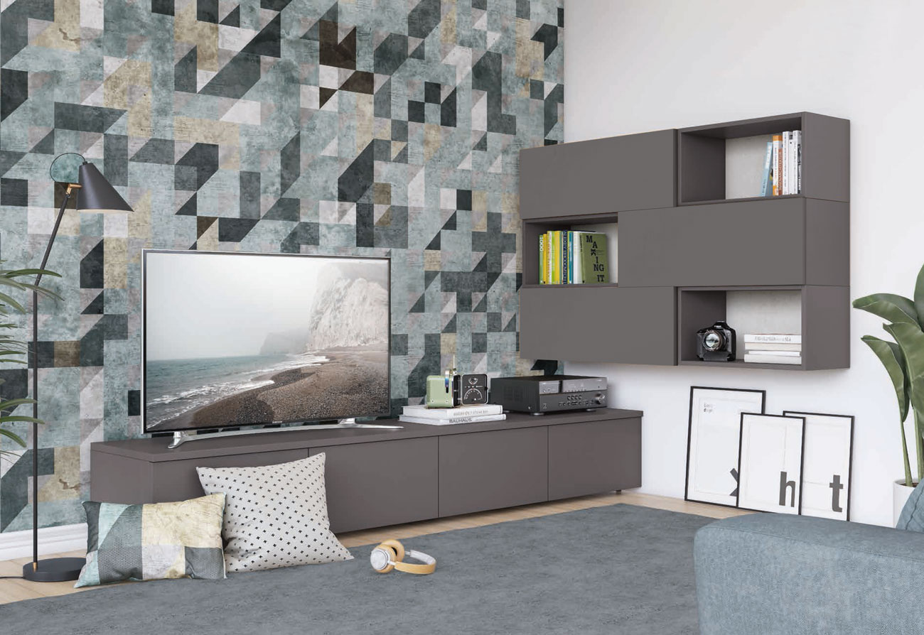 Parete attrezzata ad angolo con base TV e pensili con vani a giorno, grigio titanio