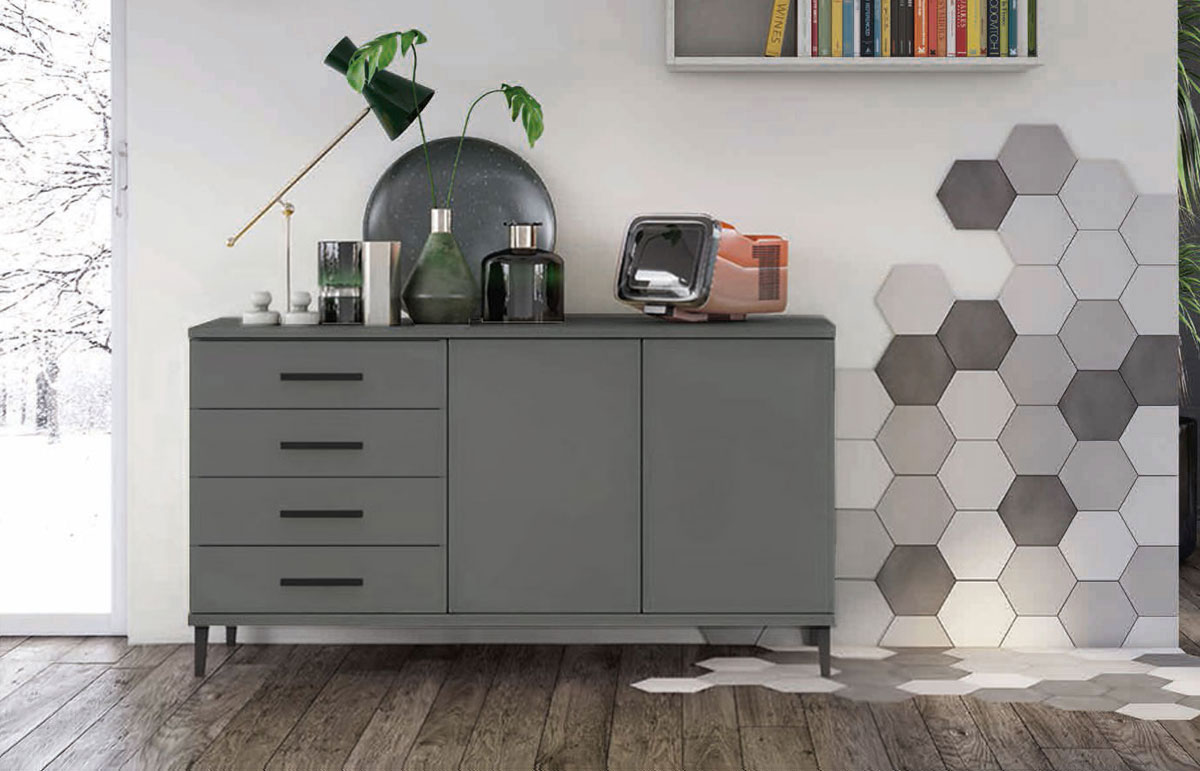 Madia moderna 2 ante 4 cassetti con piedini e scocca Grigio titanio