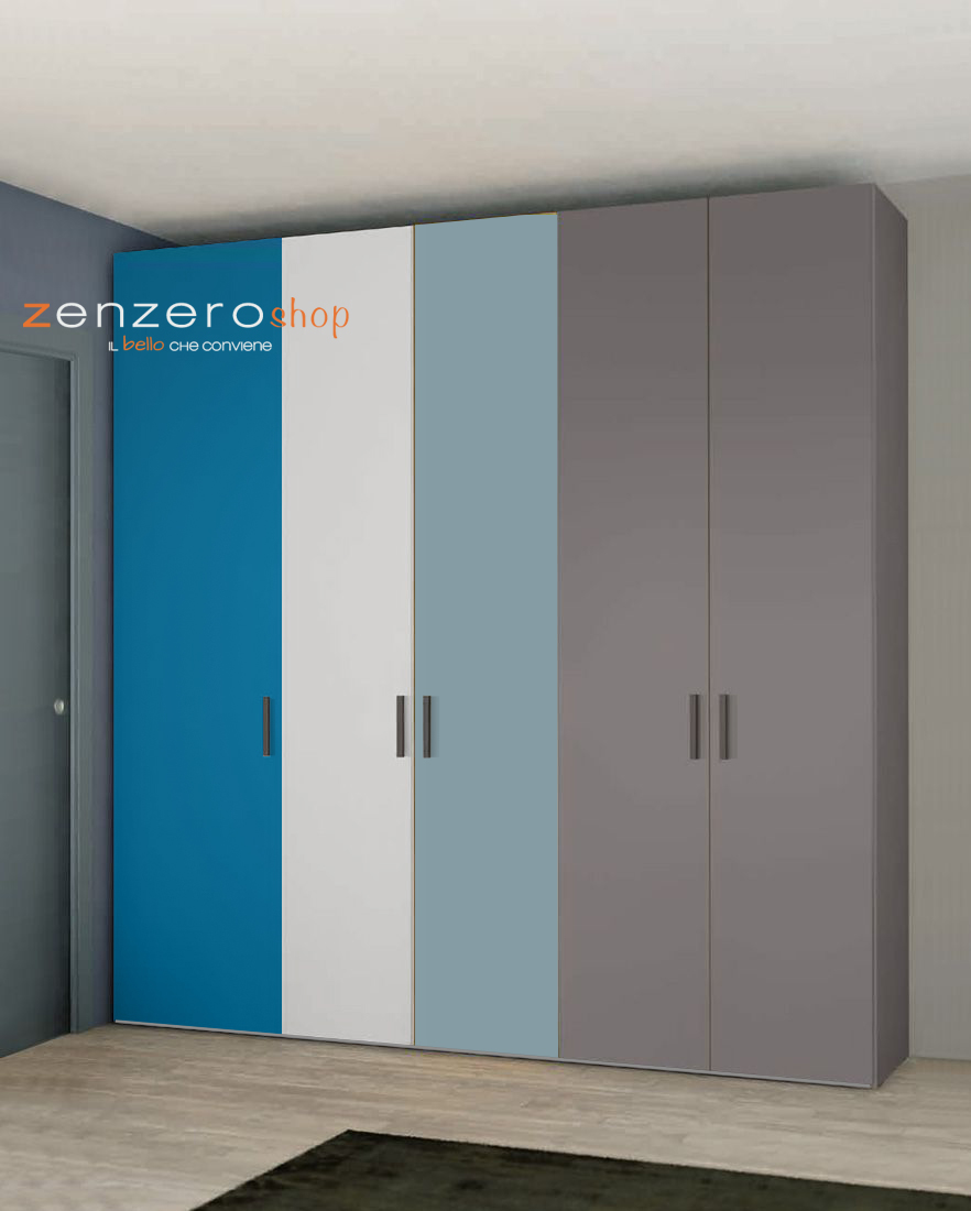 Armadio moderno 5 ante battenti H.257 color Grigio Titanio, Cadaques, Bianco Opaco e Cadaques