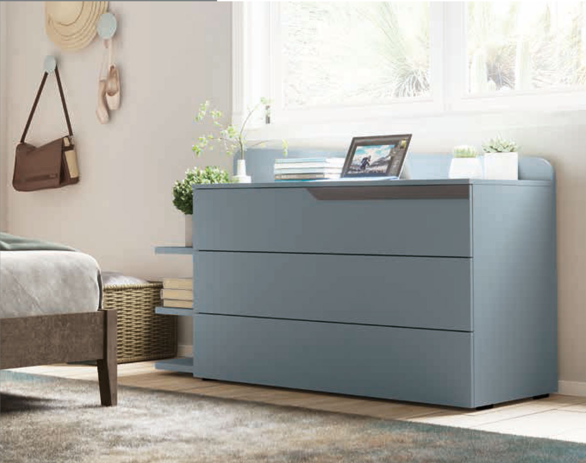 Comò moderno a 3 cassetti e 3 mensole con apertura push-pull, finitura Cenere