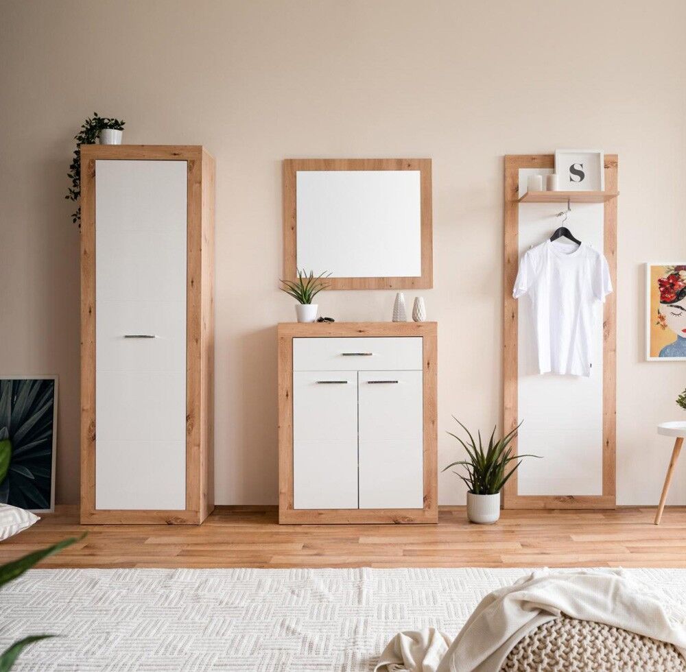 Composizione d'ingresso con appendiabiti, armadio multiuso e madia, Bianco e Quercia