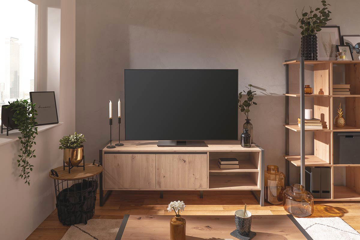 Porta tv industry con 2 ante in finitura rovere nodato ed antracite