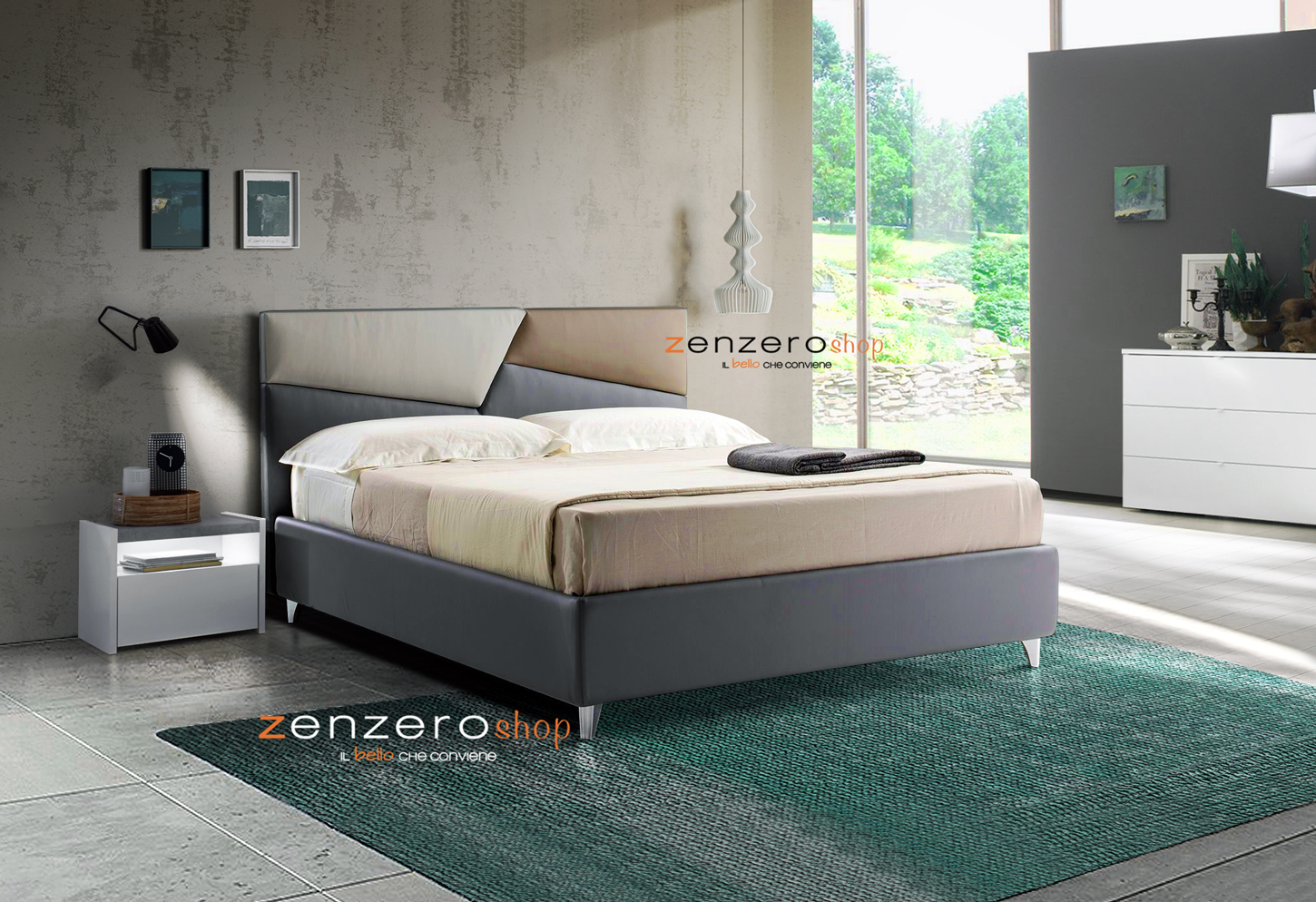 Letto contenitore Diadema in ecopelle in finitura grigio perla, tortora ed antracite