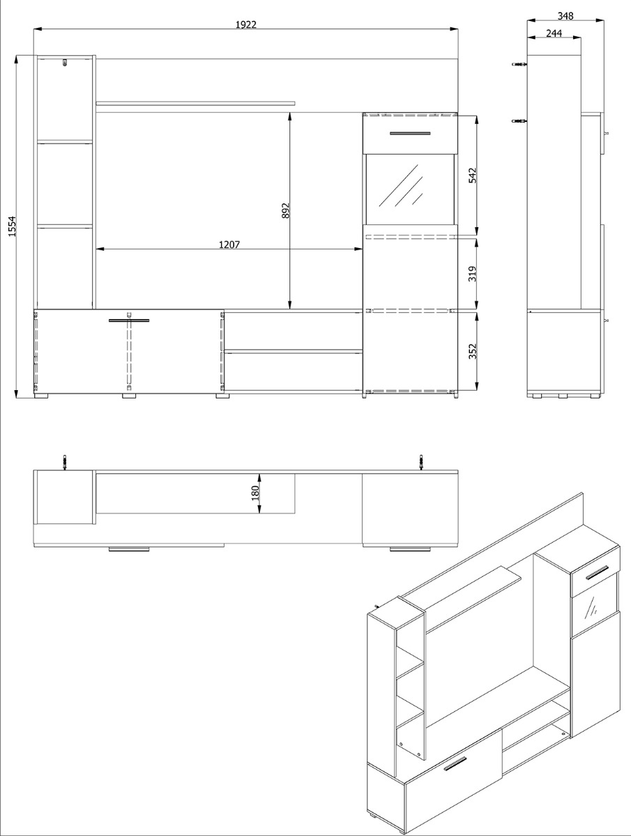 Parete attrezzata 190 cm, finitura Rovere e Carbone
