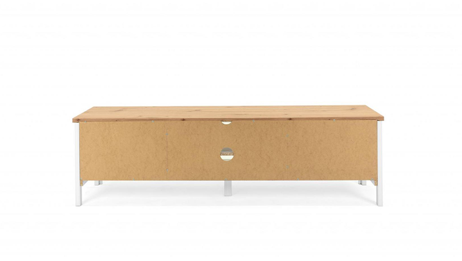 Porta TV moderno, finitura bianco opaco con top quercia, 2 ante e una mensola