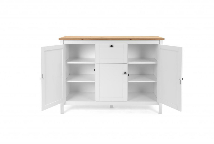 Madia credenza,  3 ante, 1 cassetto finitura bianco opaco e top in quercia