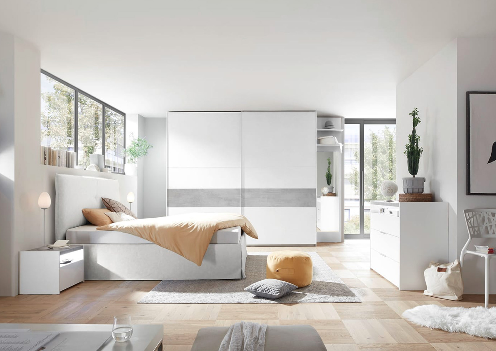 Camere matrimoniale con letto contenitore finitura Bianca Opaco e Beton