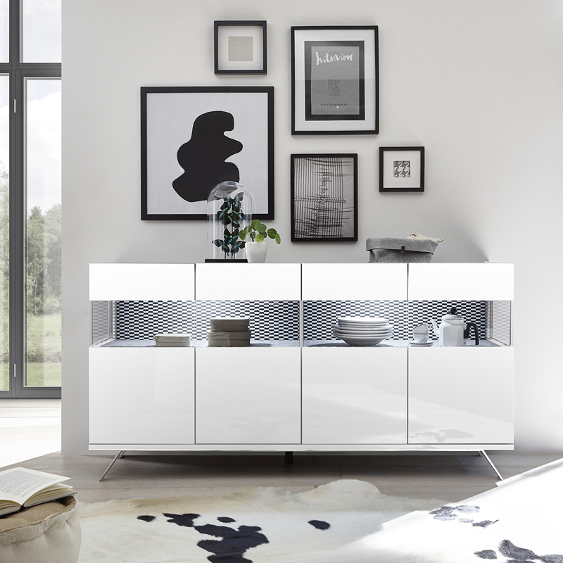 Credenza  Madia 4 ante bianco lucido con piedino in ferro e interno bianco opaco