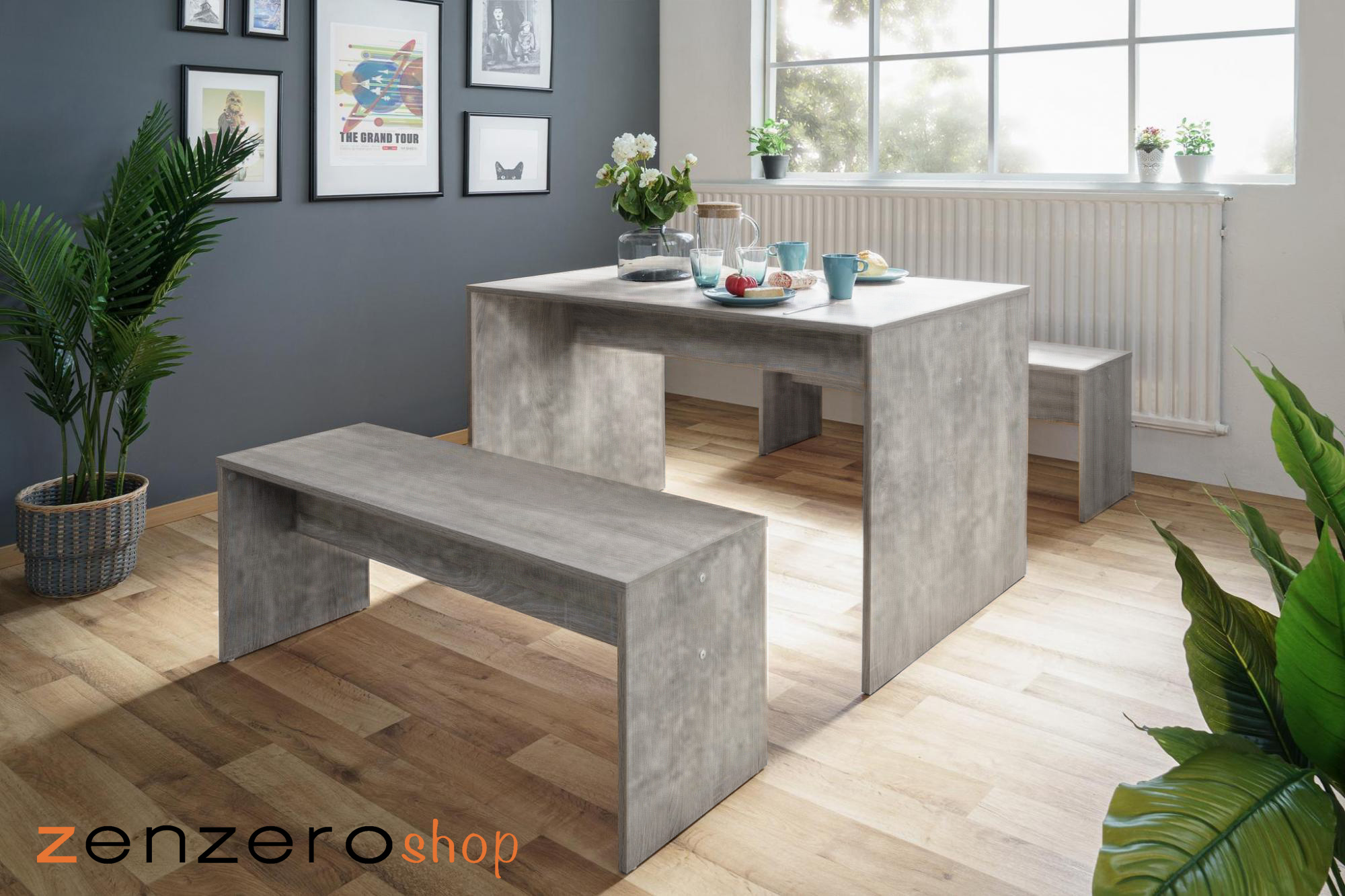 Tavolo con 2 panche di design L.118, finitura Beton