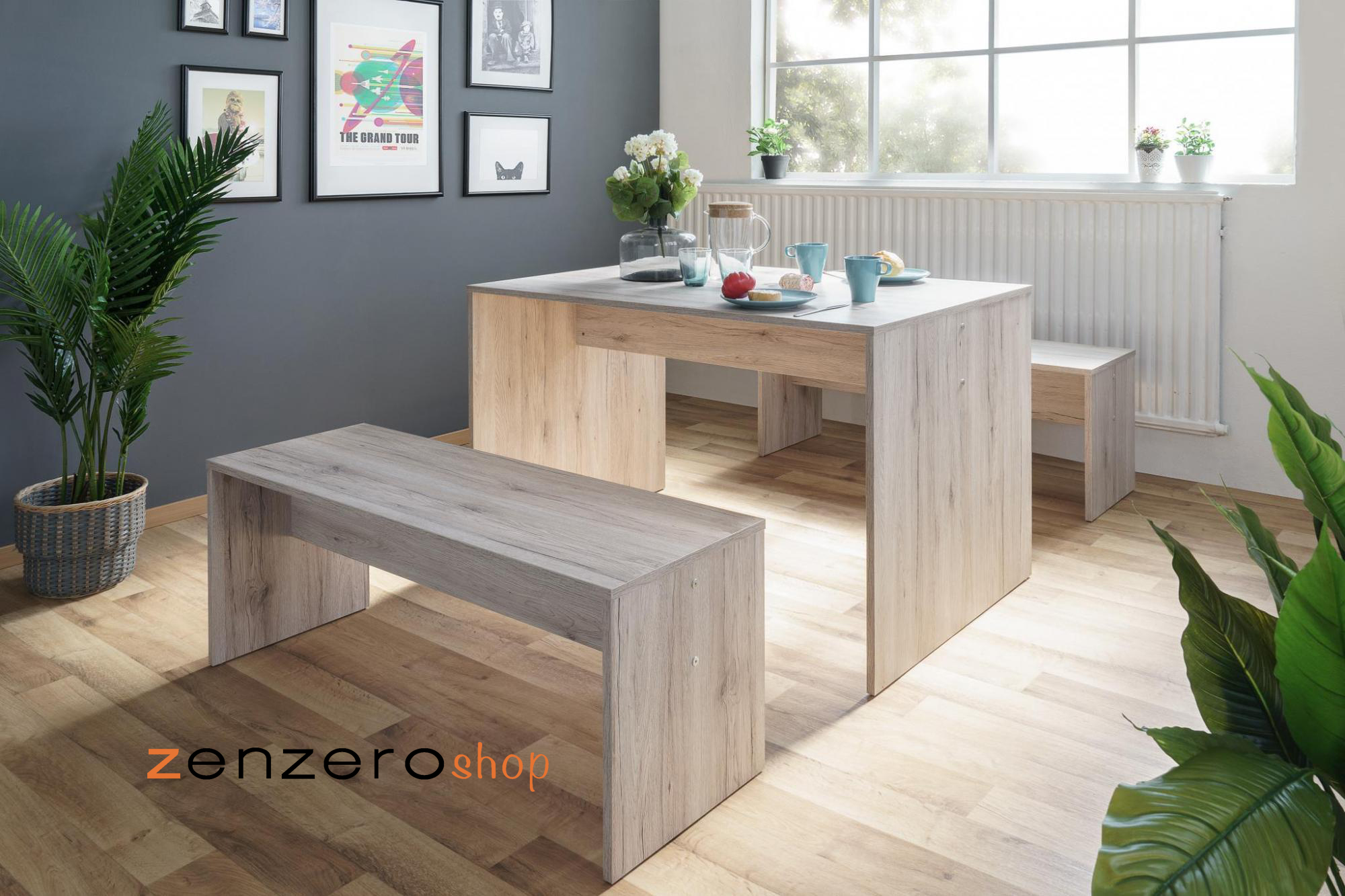 Tavolo con 2 panche di design L.118, finitura Oak Sorrento