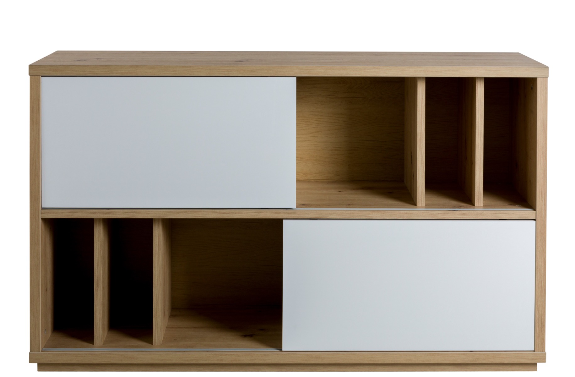 Madia moderna da ufficio 2 ante scorrevoli, finitura Rovere e Bianco laccato