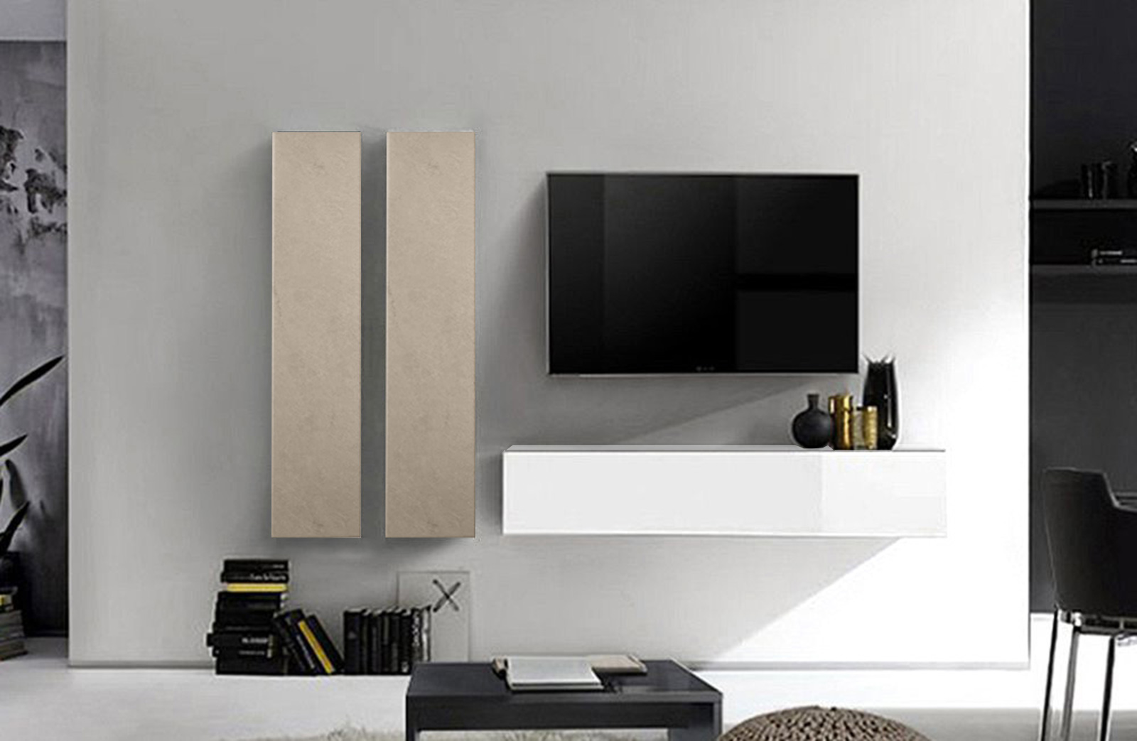 Soggiorno Zenzero moderno, parete attrezzata moderna in Bianco Lucido e Argilla