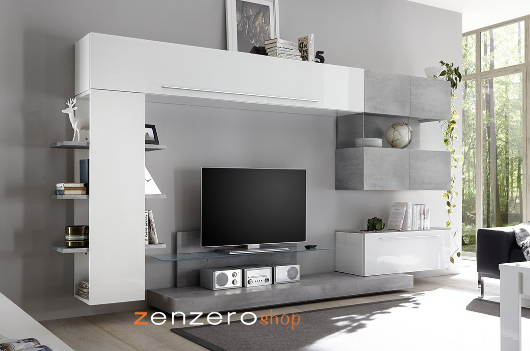 Parete attrezzata prezzi bassi parete soggiorno Bianco lucido e Cemento