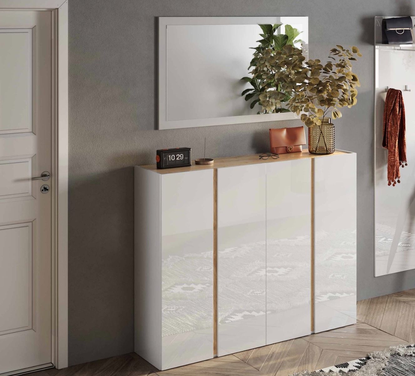 Capiente Scarpiera 4 ante con 20 ripiani interni, Bianco lucido e Cadiz