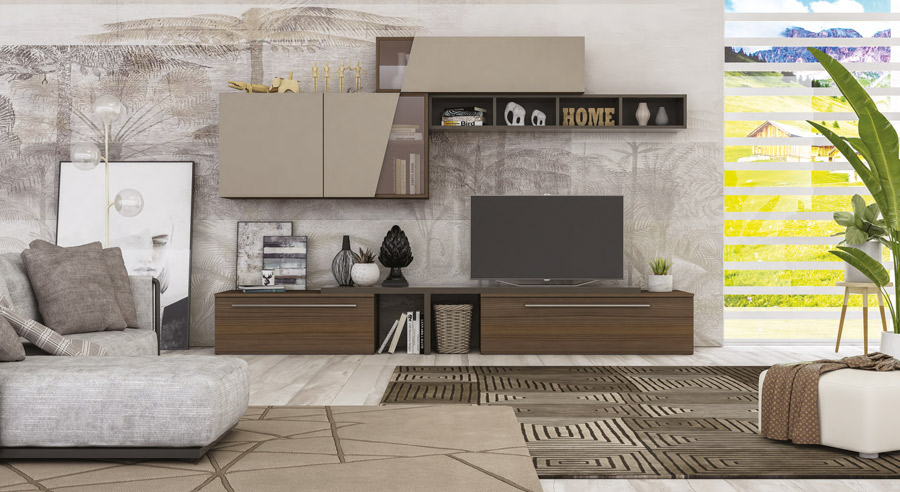 Parete attrezzata con pensili e libreria,  disponibile in diverse finiture, Made in Italy