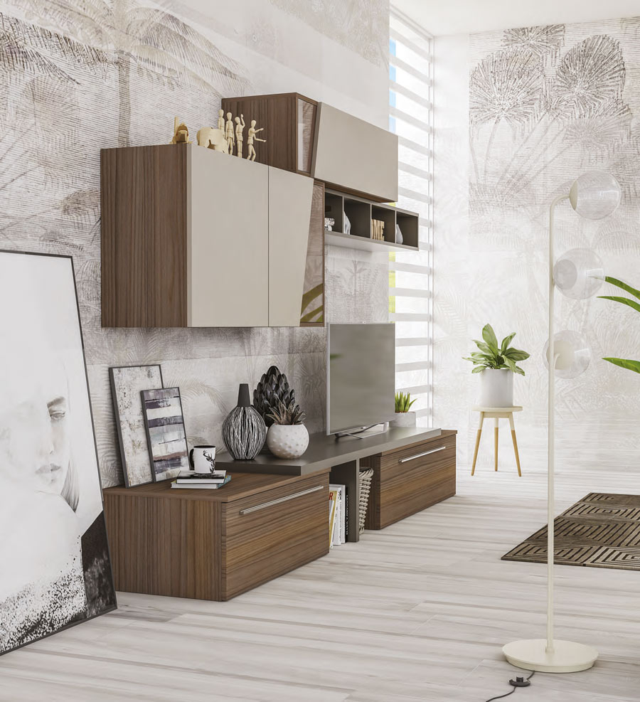 Parete attrezzata con pensili e libreria,  disponibile in diverse finiture, Made in Italy