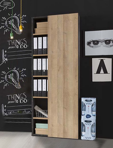 Libreria Point con 1 anta e 5 ripiani in finitura ossido e rovere