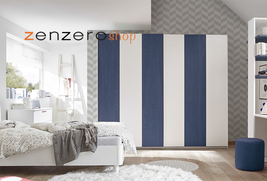 Cameretta moderna con letto imbottito e armadio vertigo blu H.230