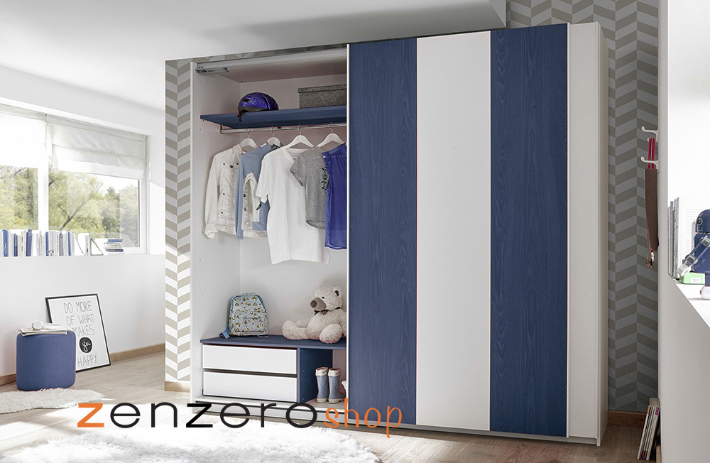 Cameretta moderna con letto imbottito e armadio vertigo blu