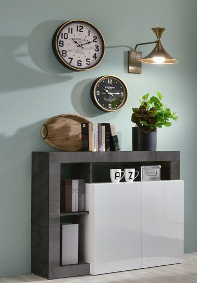 Madia moderna con 2 ante in finitura bianco laccato lucido e ossido