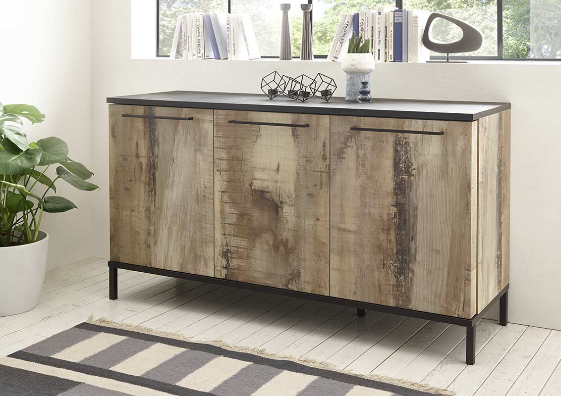 Soggiorno completo Industry in finitura Nero bruciato e Legno