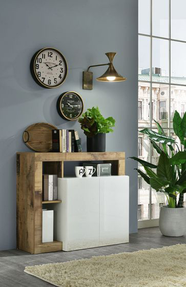 Madia moderna con 2 ante in finitura bianco laccato lucido e pero