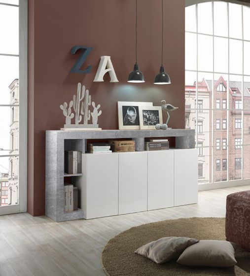 Soggiorno moderno composto da 2 madie e un portv Tv in finitura bianco e Cemento