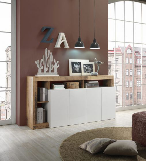 Soggiorno moderno completo in finitura bianco laccato lucido e pero