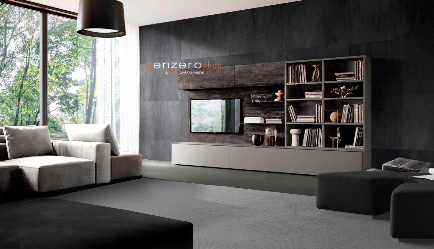 Parete attrezzata made in Italy con libreria in finitura Grigio cenere, Nero e Legno bruciato